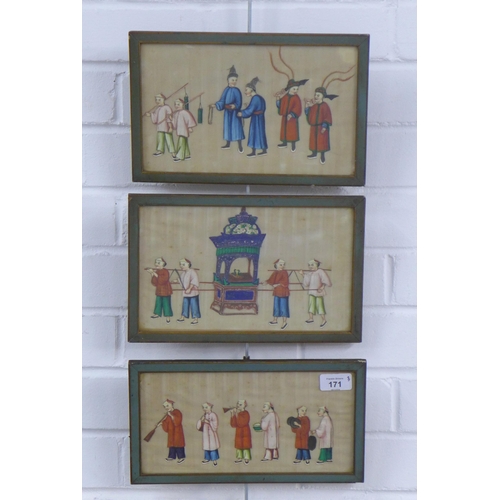 171 - Three Chinese pith paper paintings of figures, framed under glass, 26 x 13cm (3)