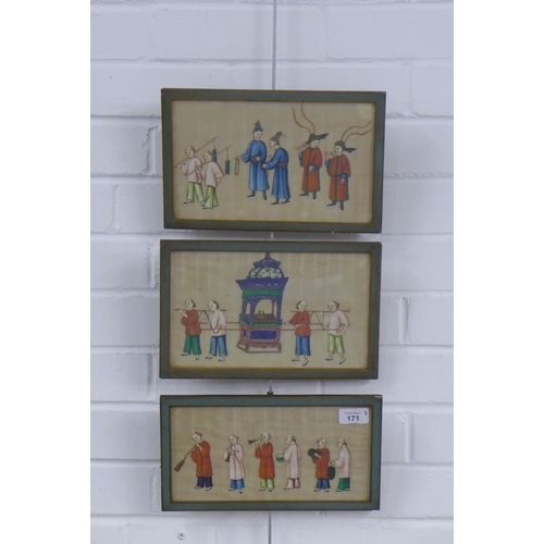 171 - Three Chinese pith paper paintings of figures, framed under glass, 26 x 13cm (3)