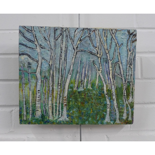 172 - Untitled oil on canvas of a forest in winter, apparently unsigned, 30 x 26cm