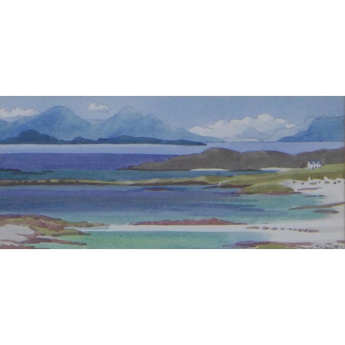 174 - JUNE SHANKS (SCOTTISH CONTEMPORARY) RHUM & MUCK FROM SANNA, watercolour, signed and framed under gla... 