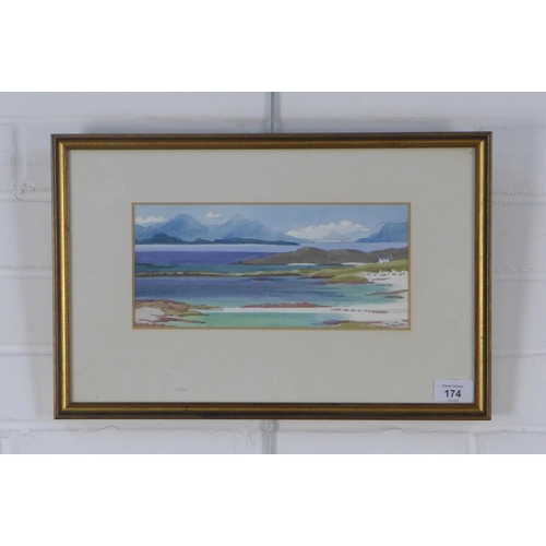 174 - JUNE SHANKS (SCOTTISH CONTEMPORARY) RHUM & MUCK FROM SANNA, watercolour, signed and framed under gla... 