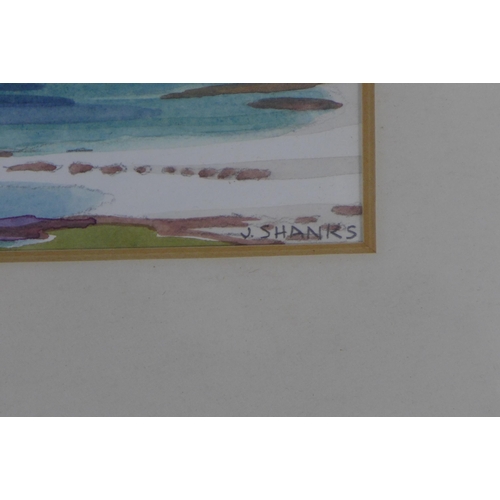 174 - JUNE SHANKS (SCOTTISH CONTEMPORARY) RHUM & MUCK FROM SANNA, watercolour, signed and framed under gla... 