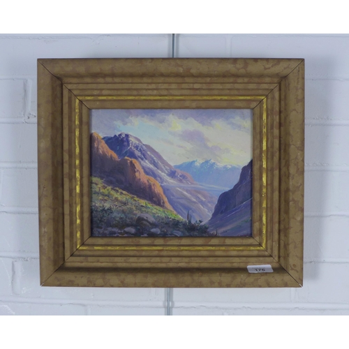 176 - Mountain range, Santiago, Chile, oil on board, signed indistinctly, framed, 26 x 20cm