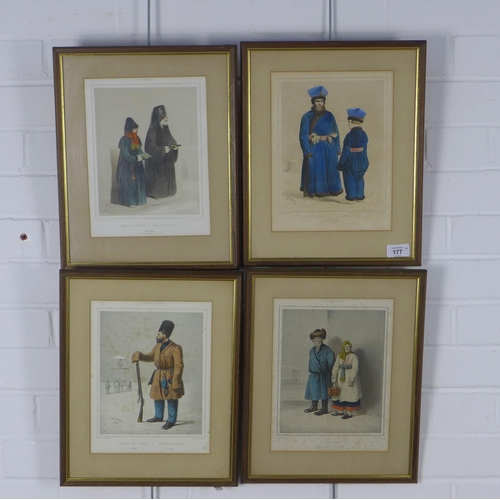 177 - COSTUMES RUSSES,  a set of four Russian costume prints, framed under glass, 30 x 38cm including fram... 