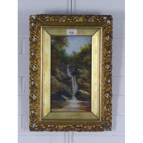 179 - Untitled oil on panel of a highland waterfall. apparently unsigned, in an ornate gilt frame, 16 x 29... 