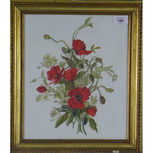 180 - Still life of poppies, oil on white glazed panel, framed under glass with giltwood frame, size overa... 