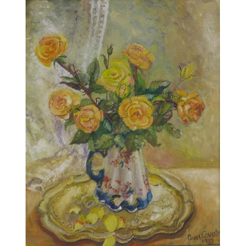 185 - ANNA COVENTRY, still life jug of yellow roses, signed oil on canvas, framed, 50 x 60cm