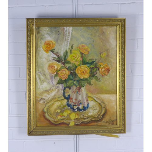 185 - ANNA COVENTRY, still life jug of yellow roses, signed oil on canvas, framed, 50 x 60cm