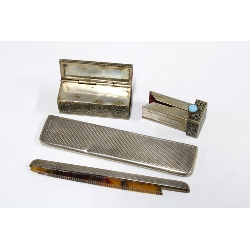 19 - Vintage white metal lipstick case with turquoise cabochon clasp and a silver backed comb (a/f) (2)