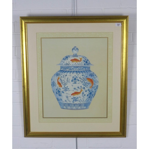 197 - A large print of a blue and white vase and cover with carp, framed under glass, size overall 67 x 79... 