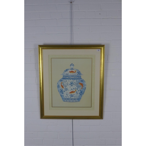 197 - A large print of a blue and white vase and cover with carp, framed under glass, size overall 67 x 79... 