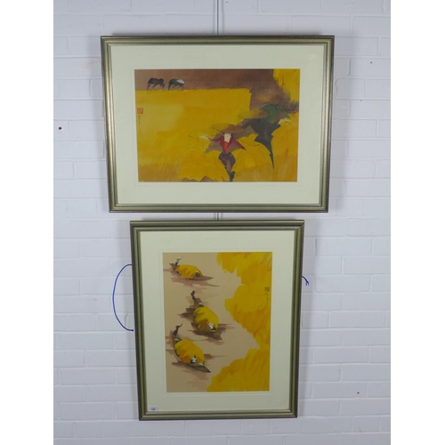 198 - A large pair of coloured chinoiserie prints, framed under glass, size overall, 65 x 83cm (2)