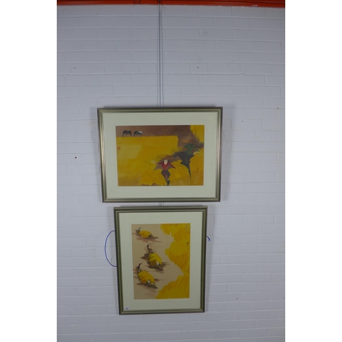 198 - A large pair of coloured chinoiserie prints, framed under glass, size overall, 65 x 83cm (2)