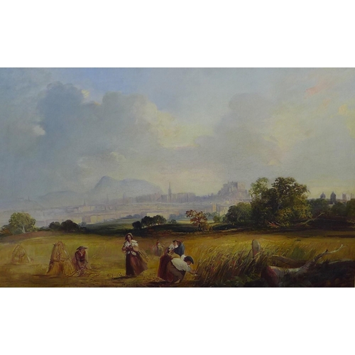 200 - THOMAS FENWICK (SCOTTISH) 19th century oil on canvas of workers in the field with a view of Edinburg... 