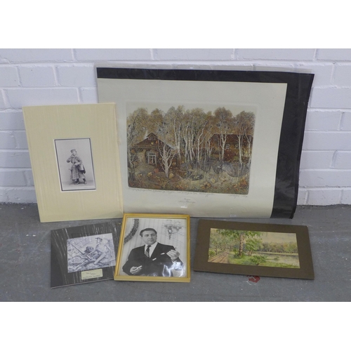 200B - A signed Russian print, a signed watercolour landscape, Peter Howson prints and a black and white au... 