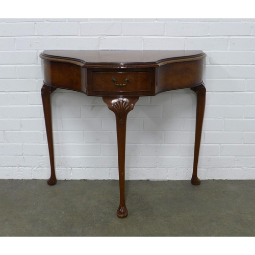 205 - Burr walnut console table, raised on three cabriole legs, 89 x 77 x 42cm.