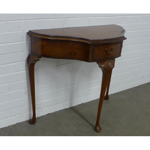 205 - Burr walnut console table, raised on three cabriole legs, 89 x 77 x 42cm.