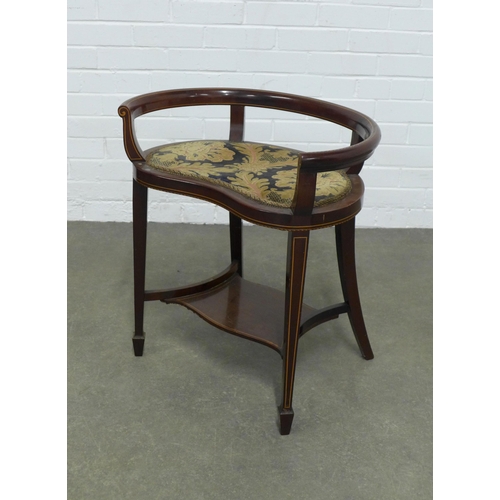 211 - Mahogany and string inlay stool, kidney shaped seat with gallery, 59 x 64 x 36cm.