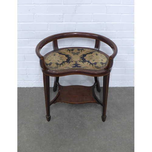 211 - Mahogany and string inlay stool, kidney shaped seat with gallery, 59 x 64 x 36cm.