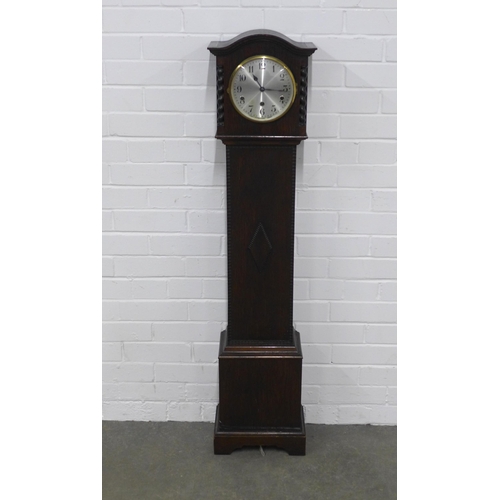 214 - Oak grandmother clock, silvered dial and Arabic numerals,  29 x 130 x 18cm.