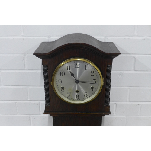 214 - Oak grandmother clock, silvered dial and Arabic numerals,  29 x 130 x 18cm.