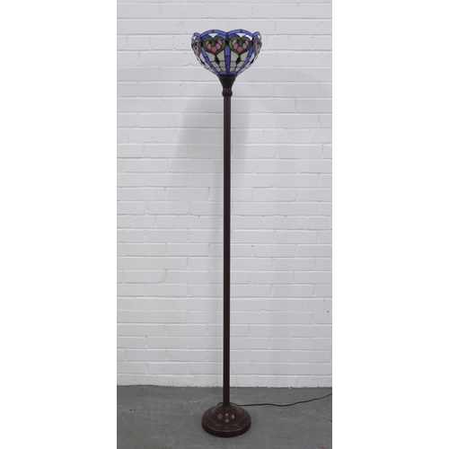 220 - Metal standard lamp with Tiffany style glass shade, 180cm