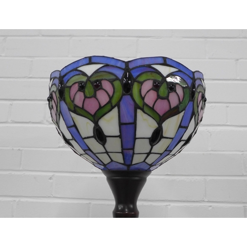 220 - Metal standard lamp with Tiffany style glass shade, 180cm