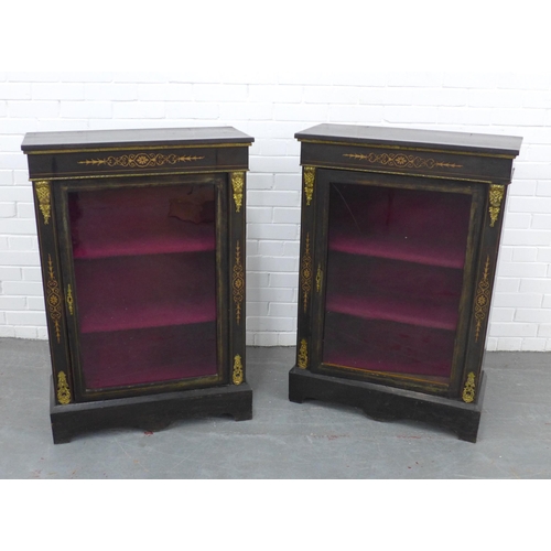 Pair of Victorian ebonised pier cabinets, gilt metal mounted and with inlaid decoration, velvet lined interior with shelves, one with glass cracked, 74 x 109 x 31cm (2)