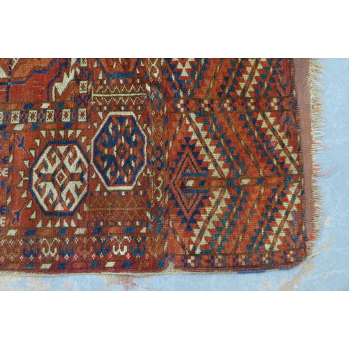 231 - 19th century Tekke Turkoman rug, worn field, 284 x 209, a/f with repair