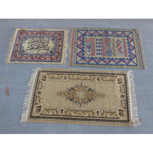 235 - Eastern silk wool prayer mat and two small rugs,  (3)