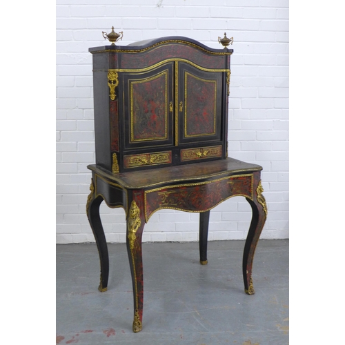 248 - French ebonised and Boulle ladies writing cabinet, arched top with urn finials over two doors which ... 