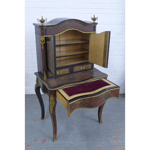 248 - French ebonised and Boulle ladies writing cabinet, arched top with urn finials over two doors which ... 