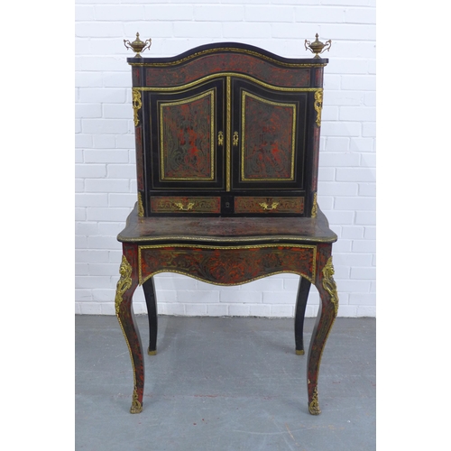 248 - French ebonised and Boulle ladies writing cabinet, arched top with urn finials over two doors which ... 