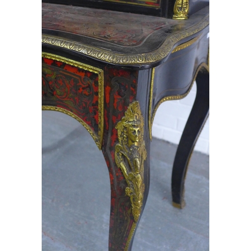 248 - French ebonised and Boulle ladies writing cabinet, arched top with urn finials over two doors which ... 