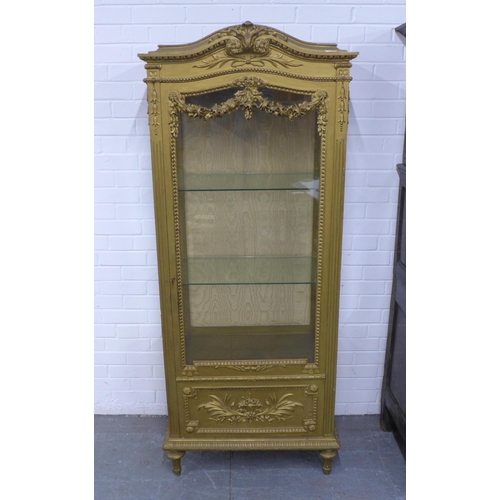 254 - Late 19th century gilt display cabinet with arched top and egg and dart frieze, glazed door with  wi... 