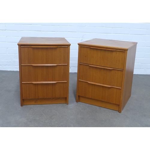 255 - Pair of teak three drawer bedside chests, 42 x 53 x 42cm. (2)