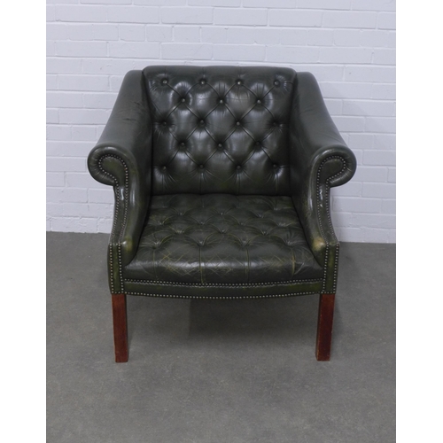 265 - Green leather button back armchair, 91 x 83 x 60cm.