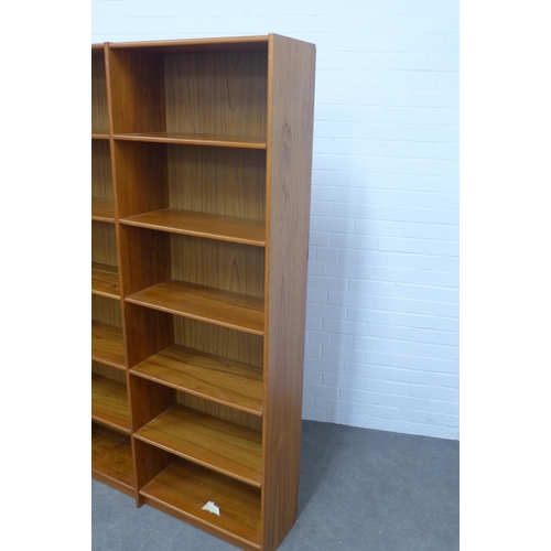 270 - Teak open bookcase, with two bays of six shelves, 123 x 183 x 41cm.