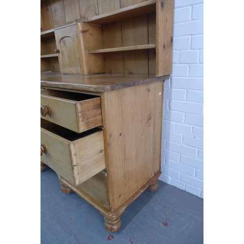 278 - Large antiqued pine dresser, 173 x 199 x 56cm.