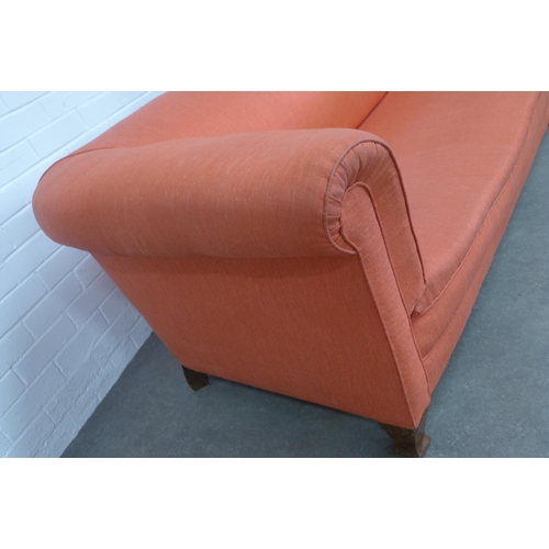 280 - Late 19th / early 20th century sofa,  upholstered in an orange linen mix fabric, 190 x 72 x 88cm.