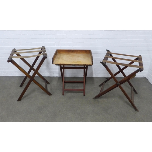 289 - Three early 20th century folding luggage / butler's  stands and one tray (4)