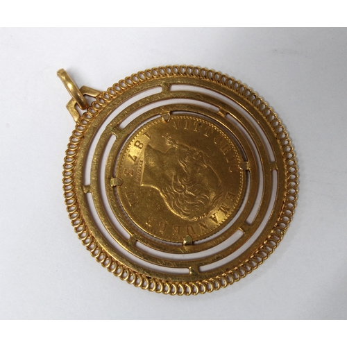 29 - Vittorio Emanuele II Italian L.20 gold coin, 1873, in a circular pendant mount stamped 750