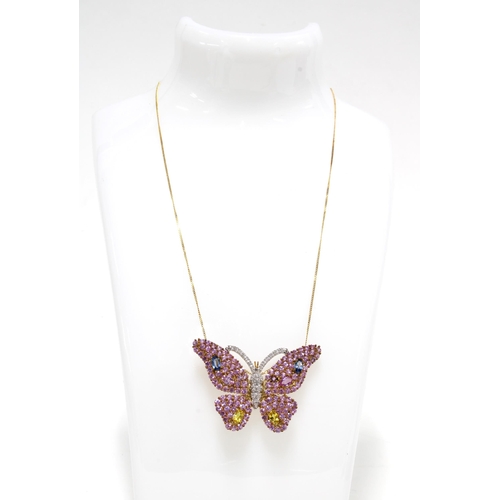 3 - Gemset butterfly pendant necklace, pendant stamped 9K