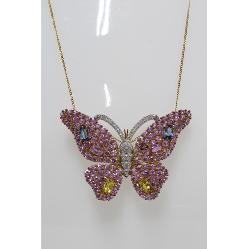 3 - Gemset butterfly pendant necklace, pendant stamped 9K