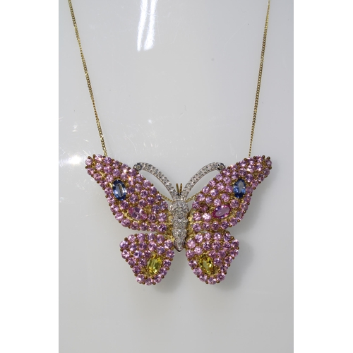 3 - Gemset butterfly pendant necklace, pendant stamped 9K