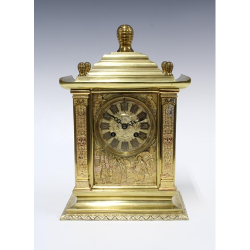 304 - Late 19th century gilt bronze and brass Japonisme mantel clock, likely French, striking on a bell, w... 