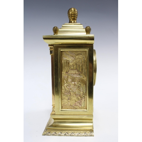 304 - Late 19th century gilt bronze and brass Japonisme mantel clock, likely French, striking on a bell, w... 