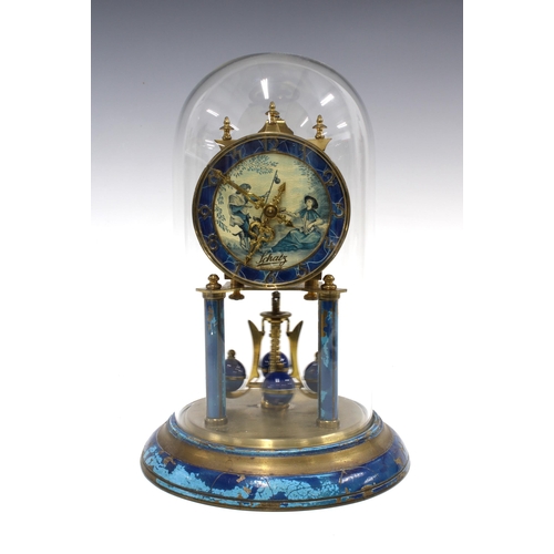 306 - German Anniversary clock by Schatz, under a glass dome, 29cm