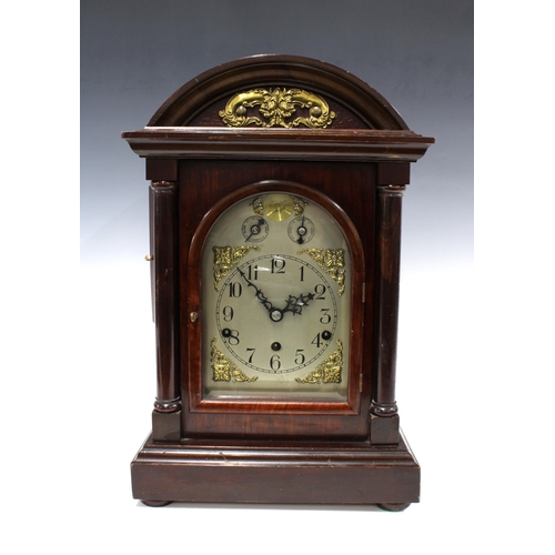 309 - Georgian style mahogany cased mantel / bracket  clock, Westminster chime, with two subsidiary dials ... 