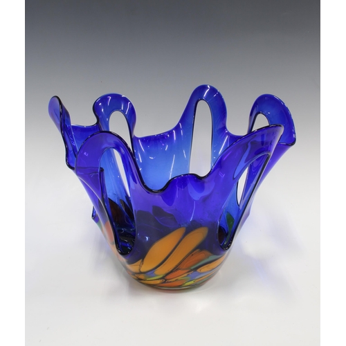 311 - Large blue art glass bowl with coloured inclusions, 32 x 26cm